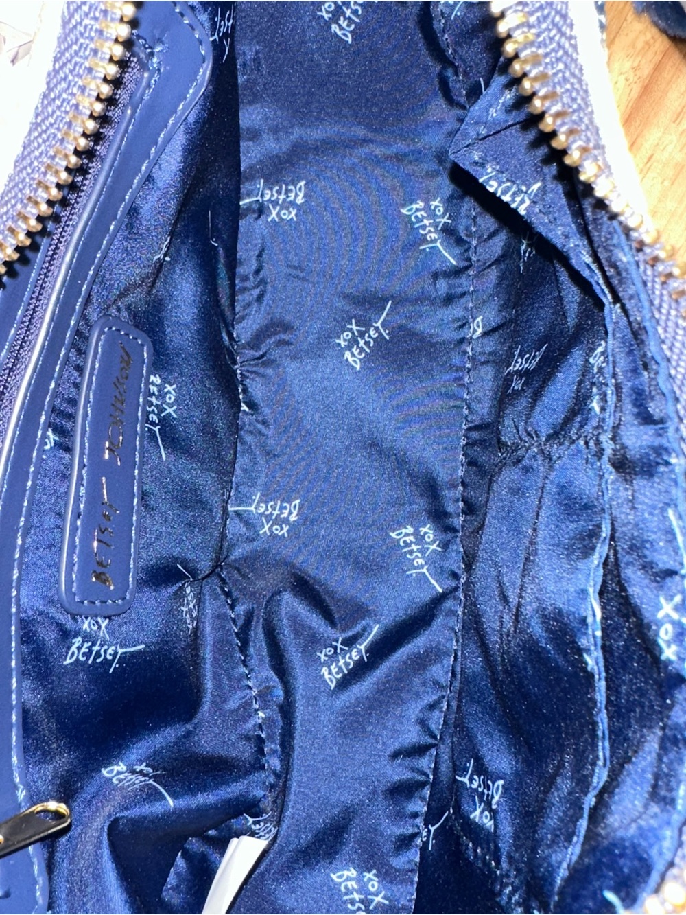 Betsey Johnson Navy Trim Straw Shoulder Bag with a Blue Pom Pom Charm - Picture 11 of 16